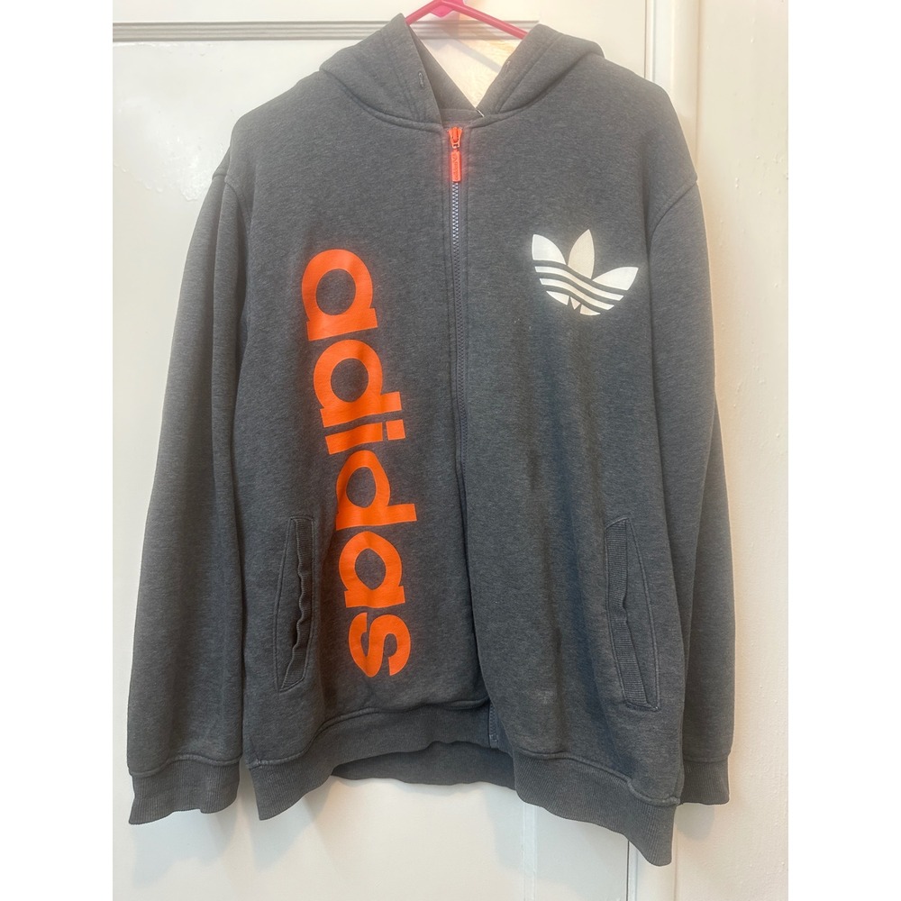 Adidas Originals Mens Full Zip Hoodie Gray Orange Trefoil Logo Size Large